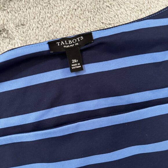 Talbots Blouse 2XL Petite 2X Square Neck Shirt Blue Navy Stripe Silky 3/4 Sleeve - Picture 2 of 5